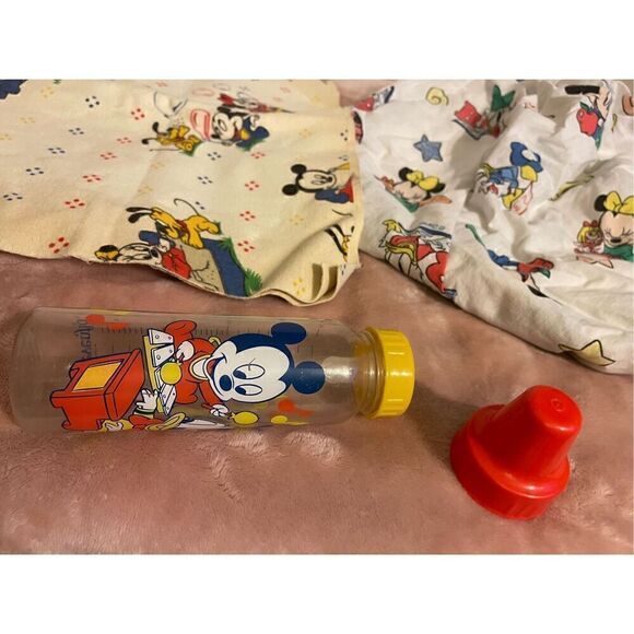 Dundee Vintage Disney Babies Mickey Mouse Crib Sheet Wet Pad & Baby Bottle Lot - Picture 8 of 9